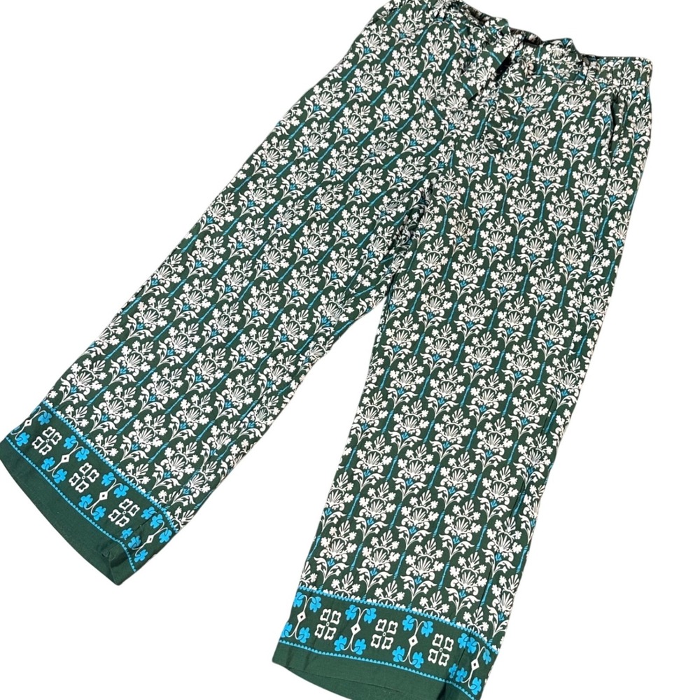 Talbots Crop Pants Womens LP Green Floral Medallion Wide Leg Elastic Waist Tie